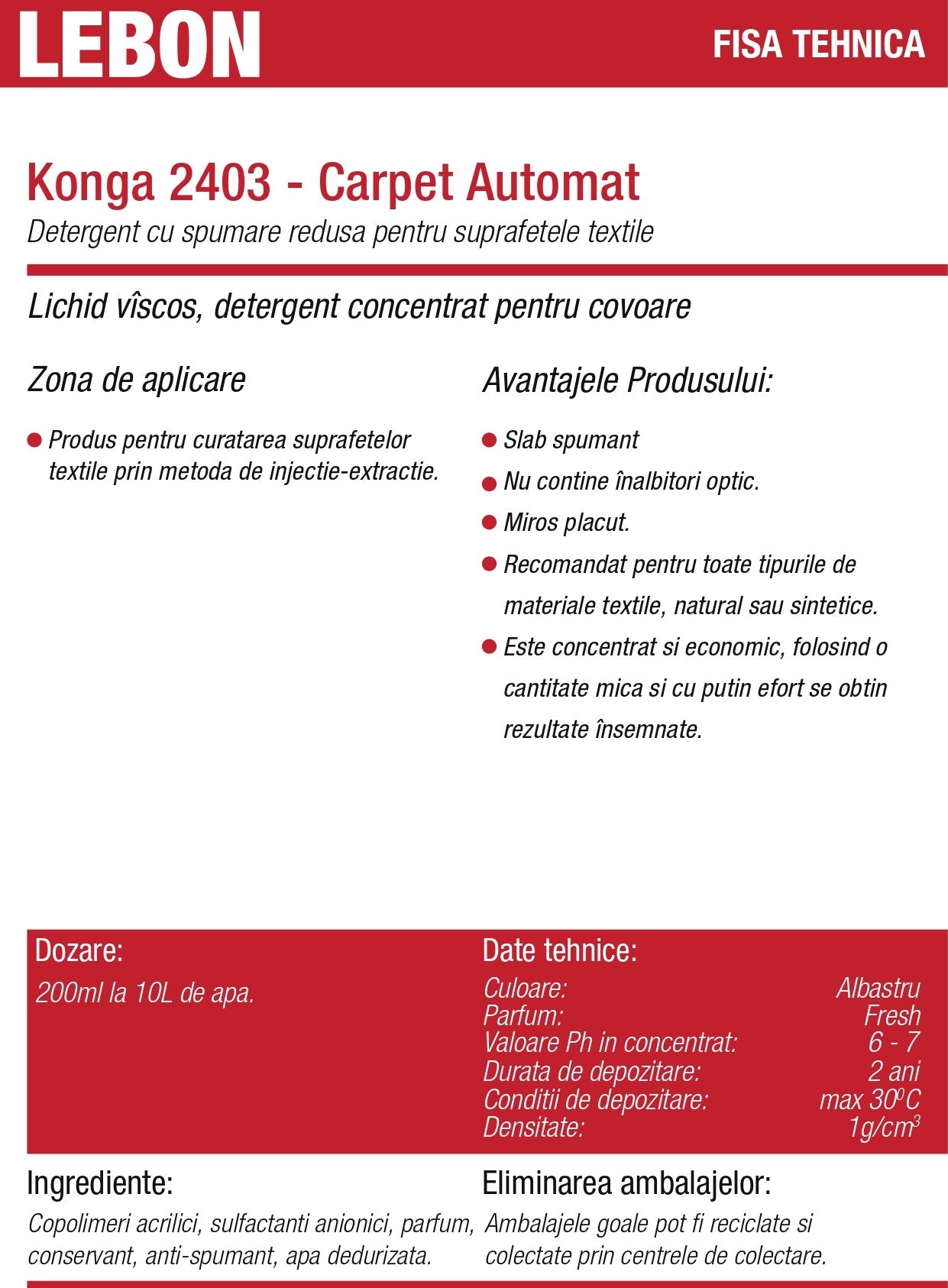 Detergent profesional pentru curățarea covoarelor prin injecție–extracție 5L